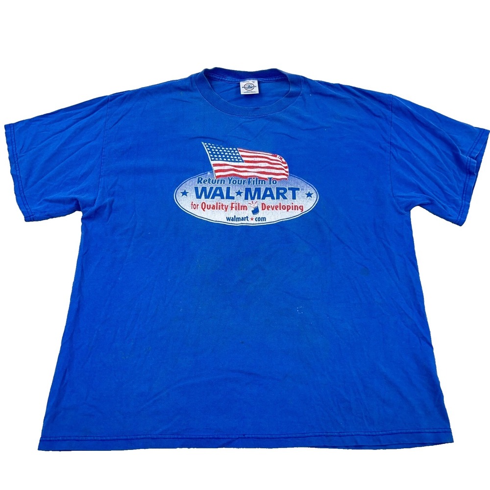 Vintage Walmart Shirt Men XL Blue Y2K Camera Film American Flag USA Grunge Stain